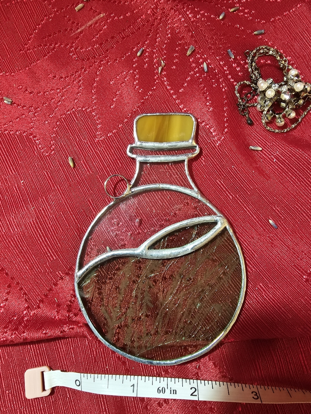 Handmade Stained Glass Round Bottle Pendant - Yellow Cap, Brown Body - Picture 3 of 4